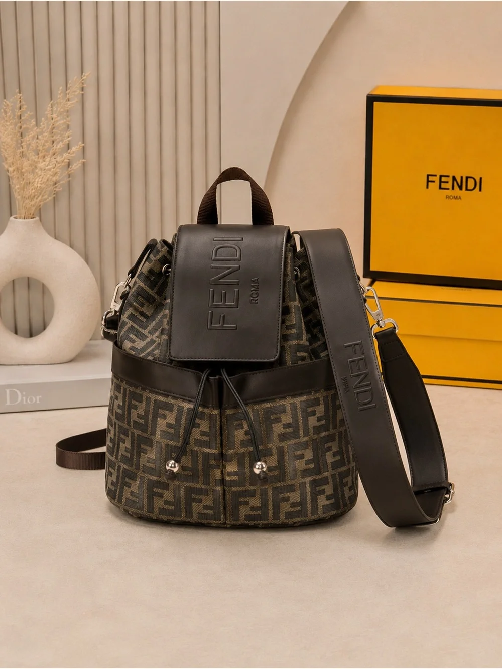 Fendi Brown Monogram Canvas Backpack with Black Leather Trim